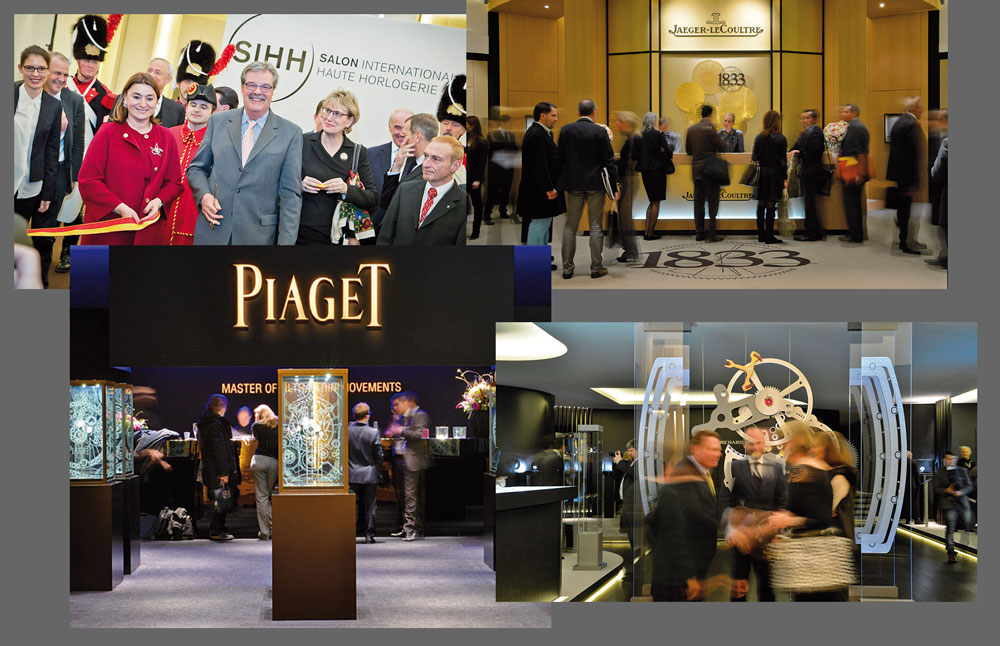 Fabienne Lupo, Presidenta de la Fundación de la Alta Relojería en el momento de la inauguración del Salón. Distintos stands de las firmas participantes.